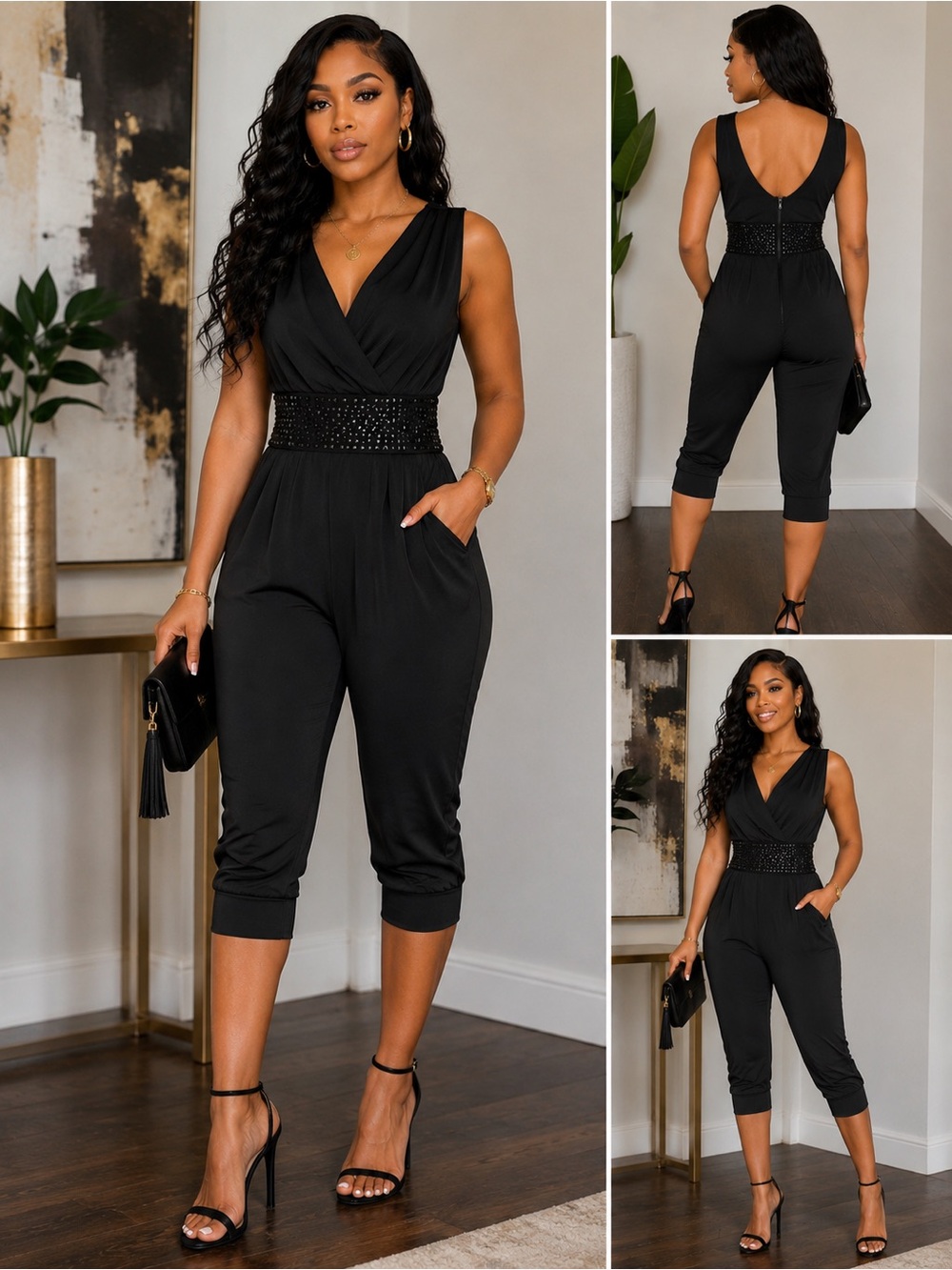 Sean Jean Sleeveless V-Neck Black Jumpsuit with Embellished Waist